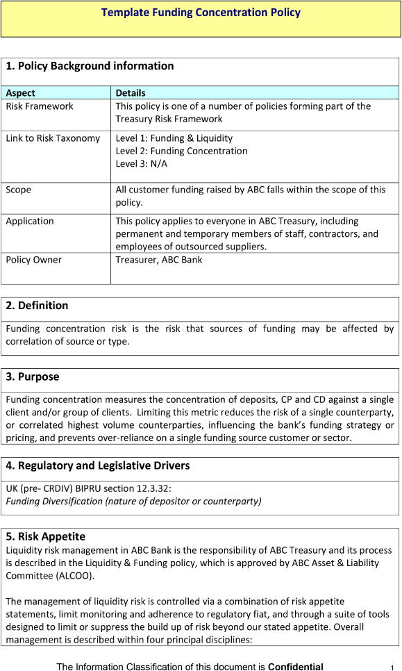 Tabular illustration of funding concentration policy, template example.