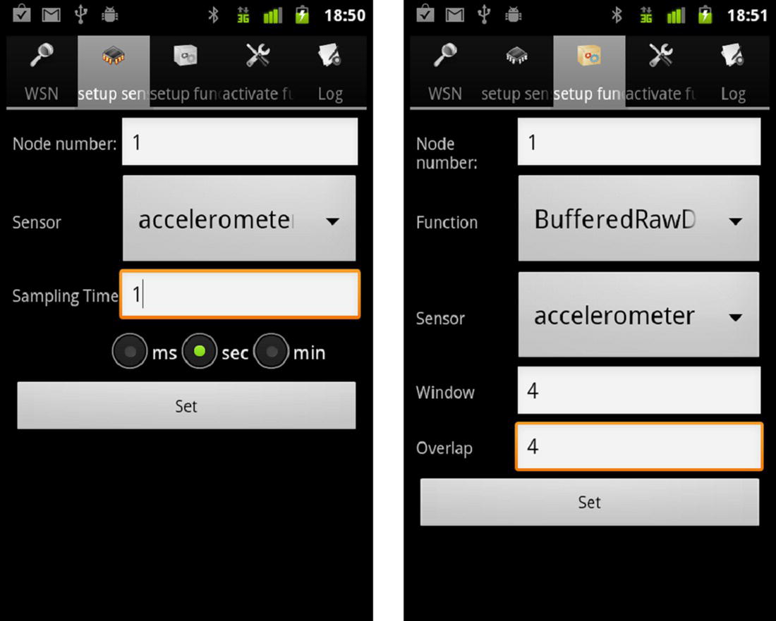 2 Screenshots of android implementation of SPINE management GUI, with selected setup sen button with Sensor set to accelerometer (left) and selected setup fun button with Function set to BufferedRawD (right).