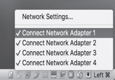 Screen capture depicting a drop-down menu with Network Settings... and Connect Network Adapter 1 (highlighted) to Connect Network Adapter 4 options.