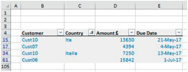 Representation of Data Filtered to Show Only Incorrect or Blank Entries Within the Country Field.