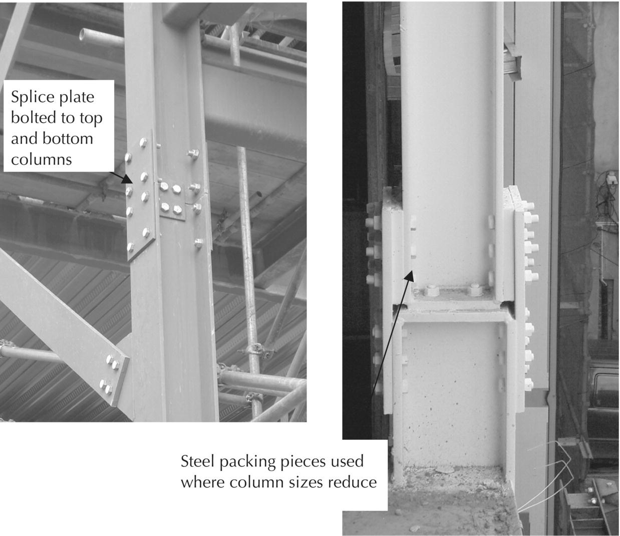 2 Photos displaying spliced column connection with arrows indicating splice plate bolted to top and bottom columns (left) and steel packing pieces used where column sizes reduce (right).