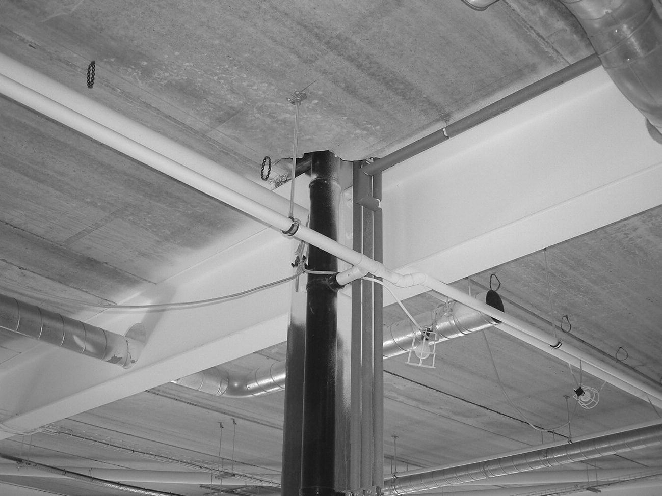 Photo of a steel beam covered with intumescent fire protection.