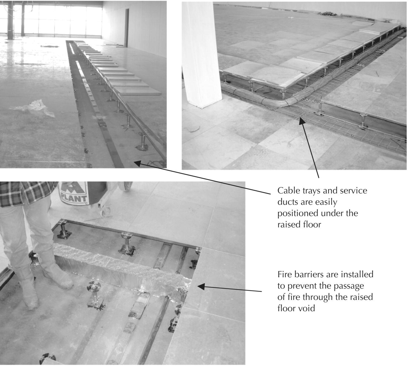 3 Photos displaying raised floors with cable trays and service ducts (top left and right) and fire barriers (bottom).