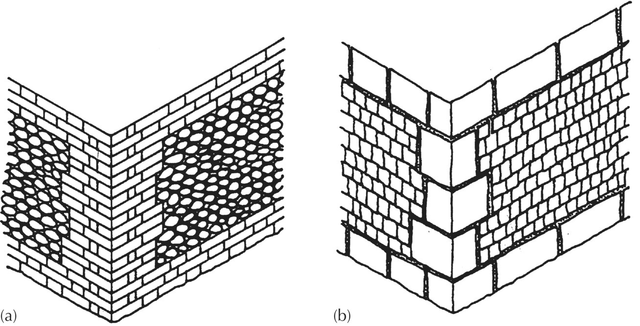 2 Illustrations displaying whole-flint wall (left) and knapped flint wall (right).