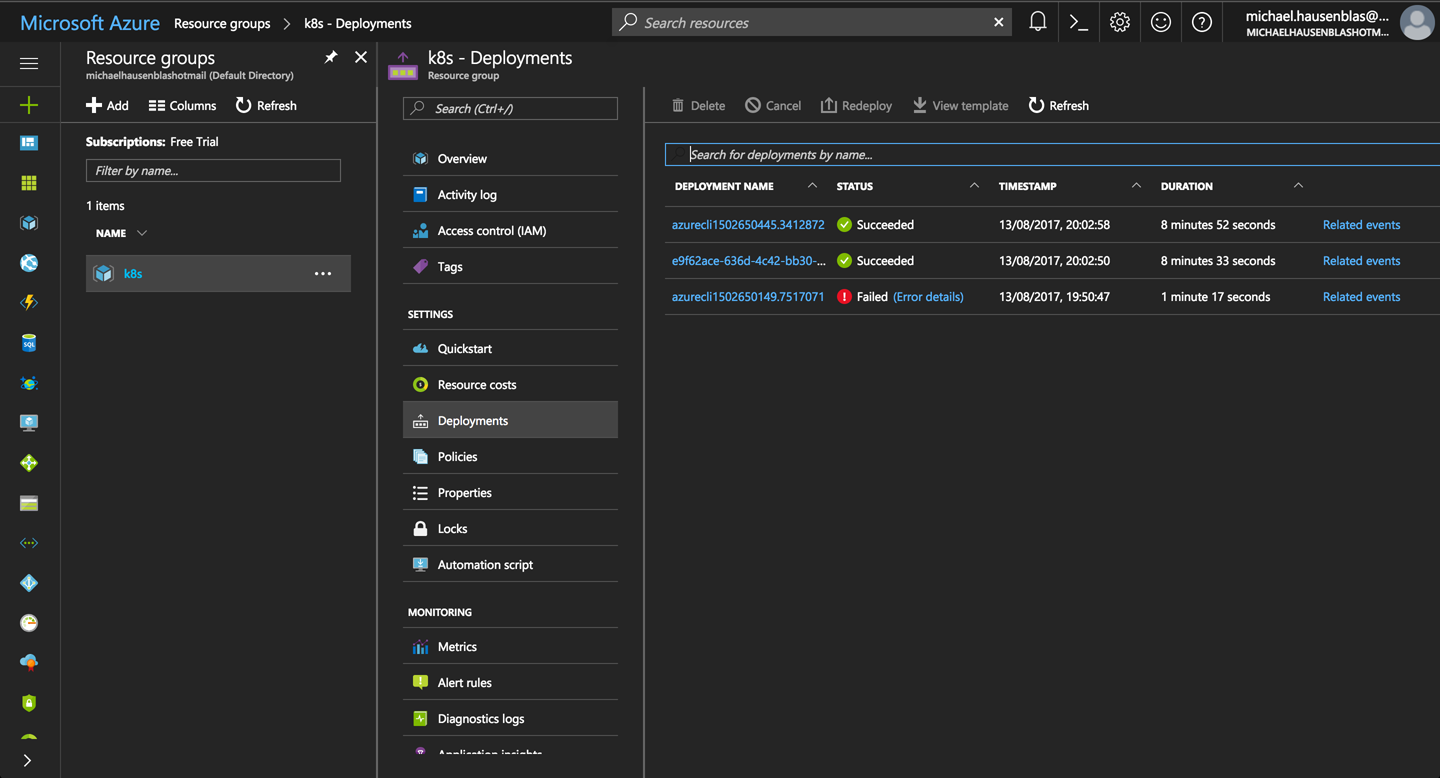 Screen shot of the Azure Portal, showing ACS deployments in the k8s resource group