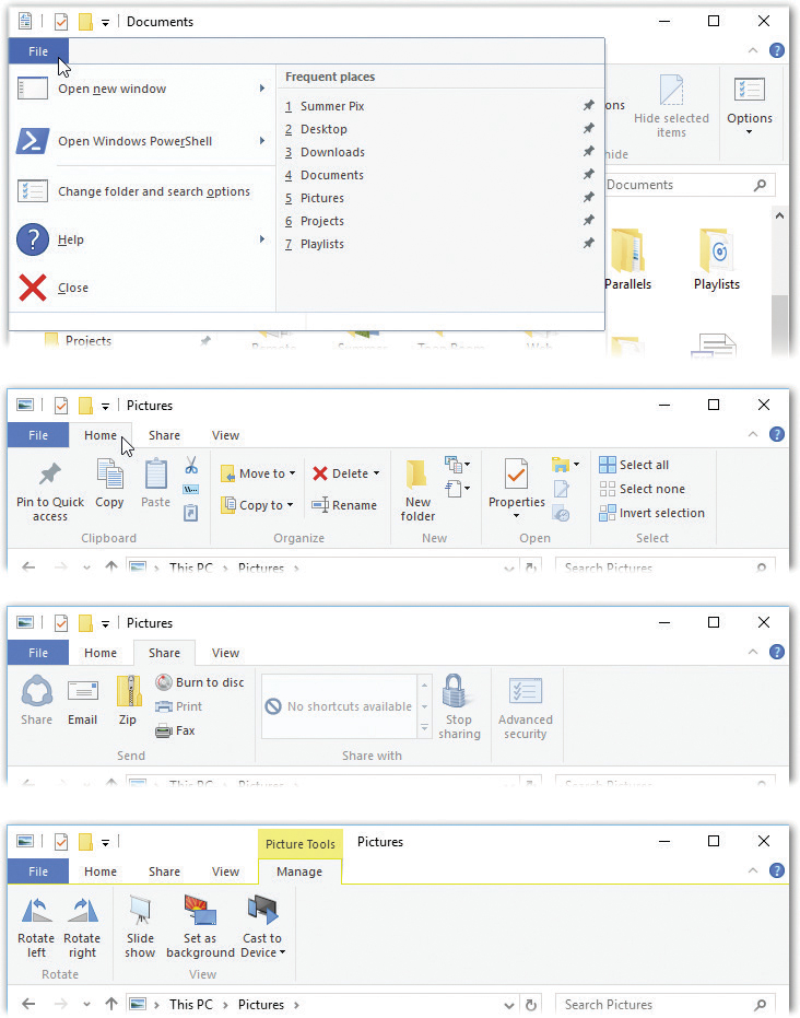 The Ribbon, available in every File Explorer window, is teeming with tabs and options.