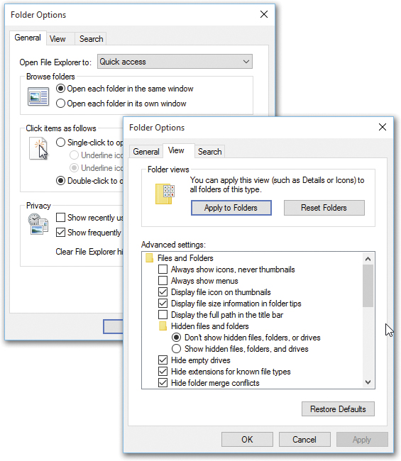 Here are the first two tabs of the Folder Options dialog box: General and View.