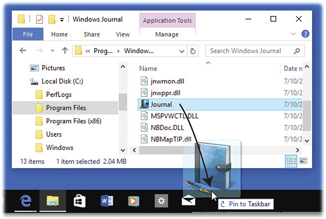 To install a program on your taskbar, drag its icon to any spot; the other icons scoot aside to make room, if necessary.