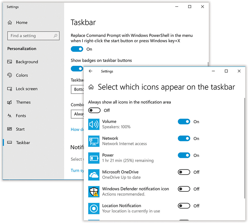 Top: To open this control panel, right-click a blank spot on the taskbar and choose “Taskbar settings.”