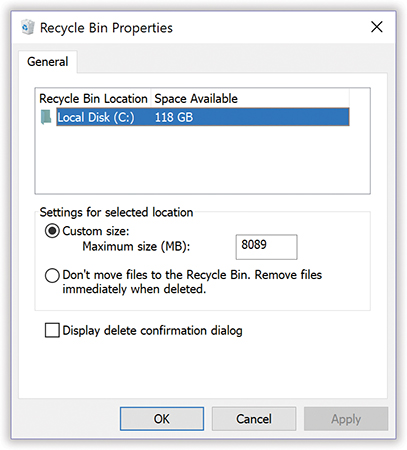 Use the Recycle Bin Properties dialog box to govern the way the Recycle Bin works, or if it even works at all. If you have multiple hard drives, the dialog box offers a tab for each of them so you can configure a separate and independent Recycle Bin on each drive.