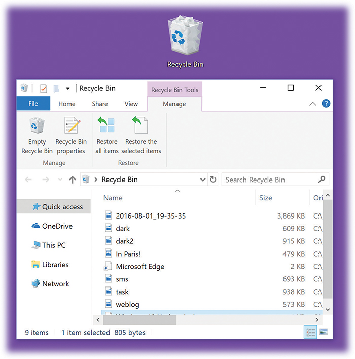 When you double-click the Recycle Bin (top), its window (bottom) displays information about each folder and file it holds. It’s a regular File Explorer window, so you can inspect a selected item in the Details view, if you like.