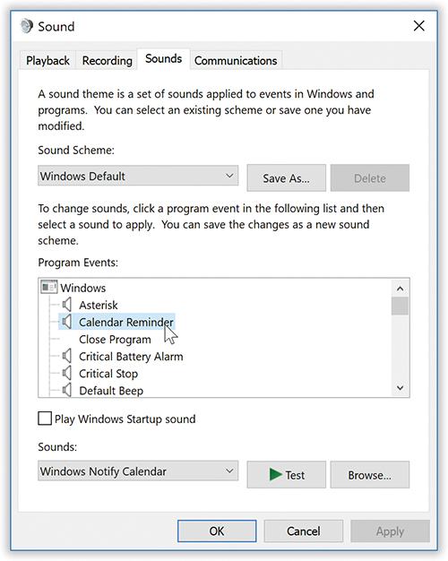 Each set of sounds is called a sound scheme. Sometimes the sound effects in a scheme are even sonically related. (Perhaps the collection is totally hip-hop, classical, or performed on a kazoo.) To switch schemes, use the Sound Scheme pop-up menu. You can also define a new scheme of your own. Start by assigning individual sounds to events, and then click the Save As button to save your collection under a name you create.