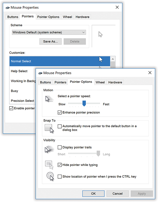 Top: Here’s the Pointers dialog box, where you can choose a bigger cursor (or a differently shaped one).