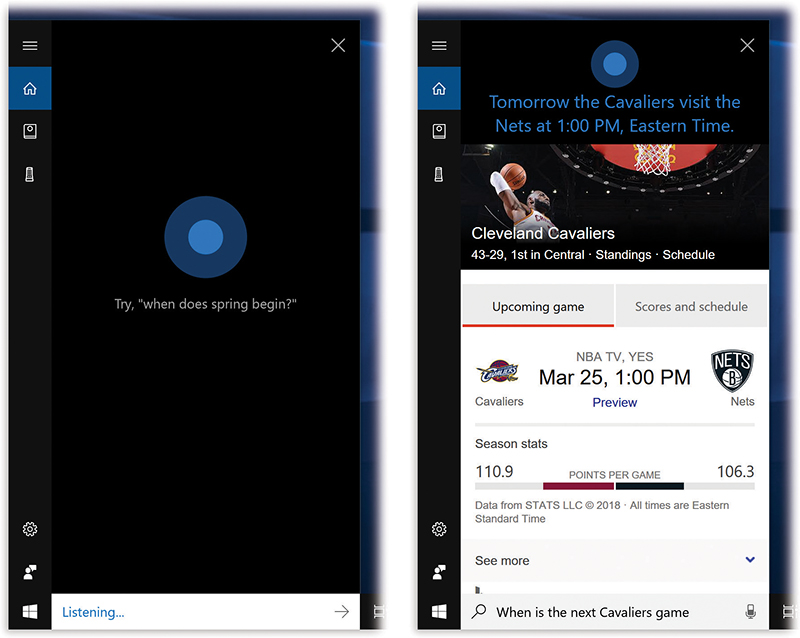 Left: Here’s the Cortana “I’m listening” panel that appears when you click the microphone button or say “Hey Cortana.”