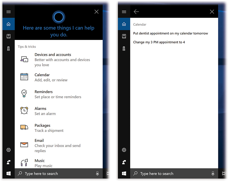 At left are the categories of Cortana’s knowledge. When you click one, you get to see some sample commands in that category (right).