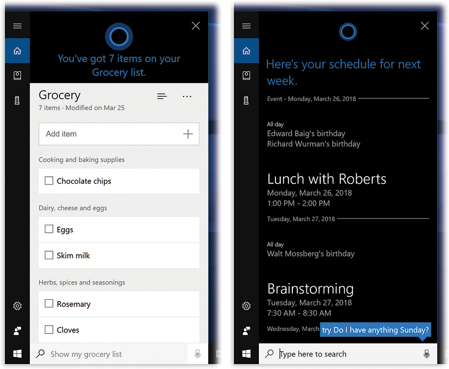 Left: A typical Cortana list.