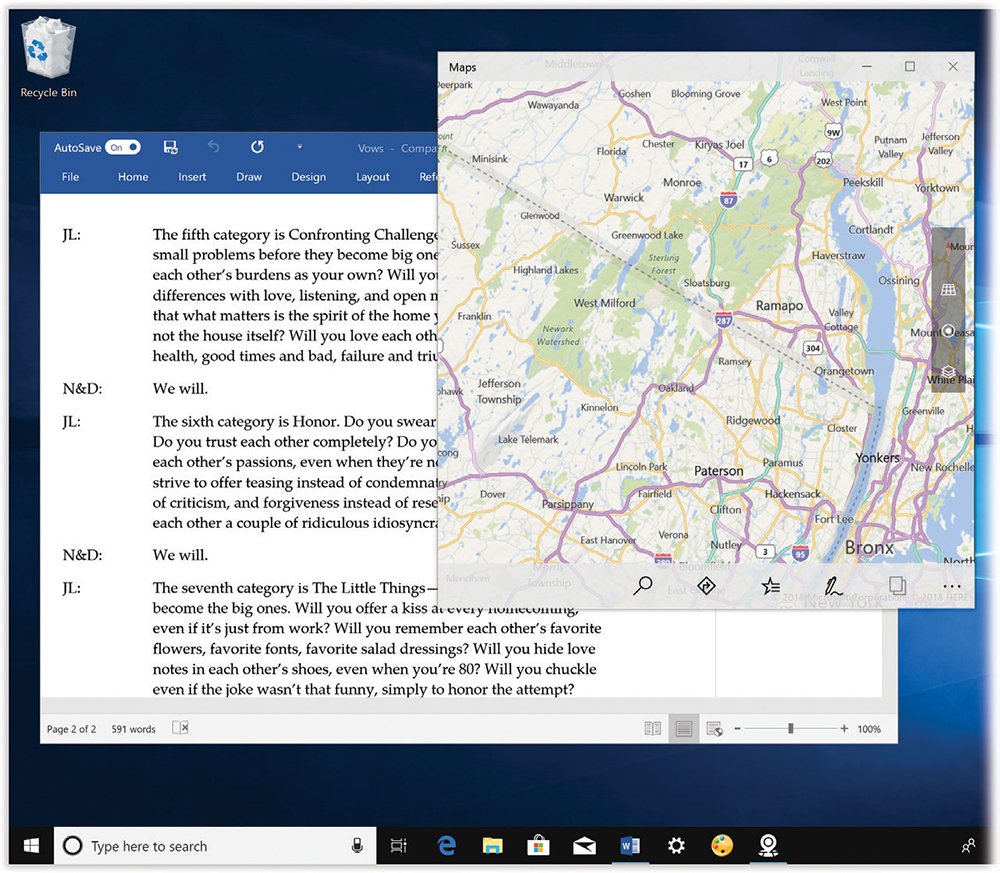 In Windows 10, desktop programs (like Word, left) and tablet-style Microsoft Store apps (like Maps, right) can coexist on the same screen at the same time.