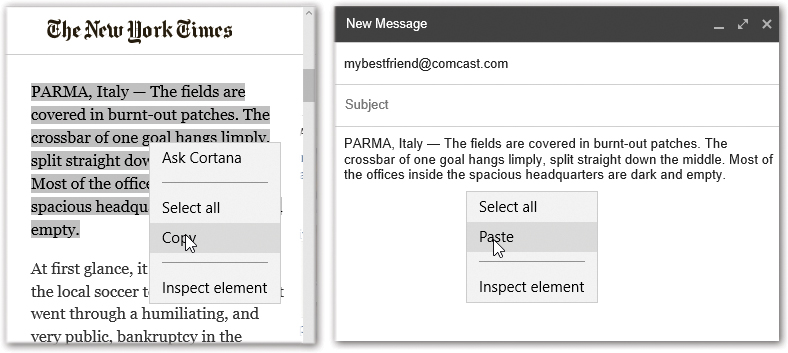 Suppose you want to email some text from a web page to a friend. Drag through it (left), and then choose Copy from the shortcut menu (or Edit→Copy).