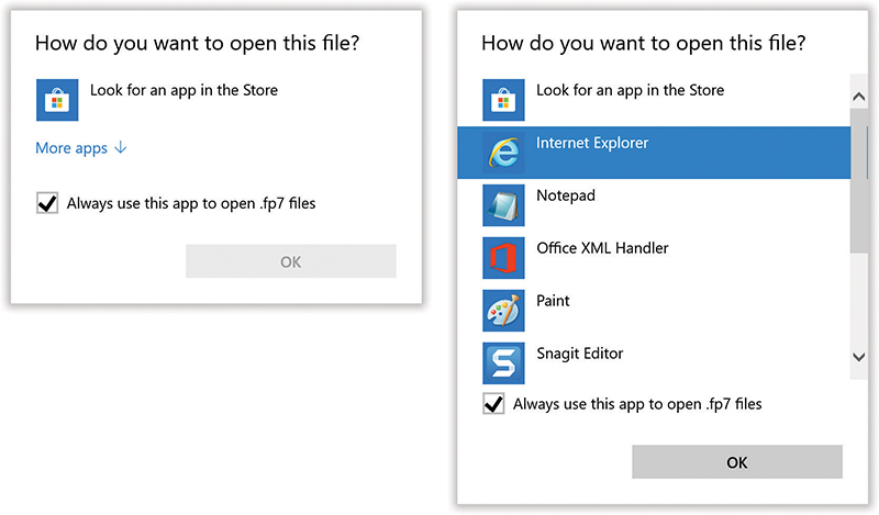 Left: If you’re pretty sure your PC has a program that can open this mystery file, then give it a little help—click “More apps.”
