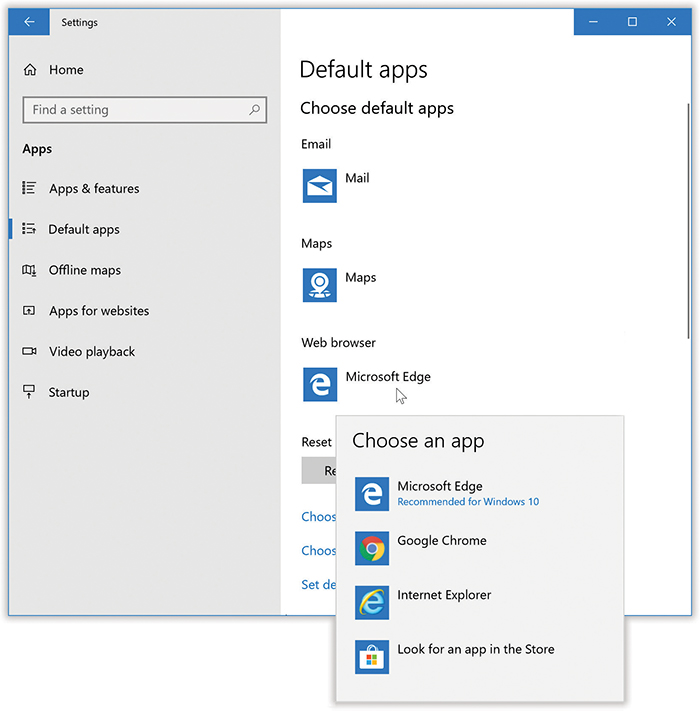 In →Apps→“Default apps,” you can choose to replace Microsoft’s starter apps with other companies’ wares.