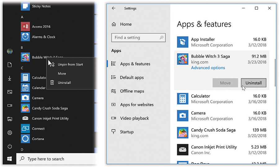 Before Windows 10, uninstalling one of your apps sometimes required a power drill, a blowtorch, and a six-volume instruction manual. Now it’s as easy as right-clicking in the “All apps list” (left) or clicking the program’s name in Settings.