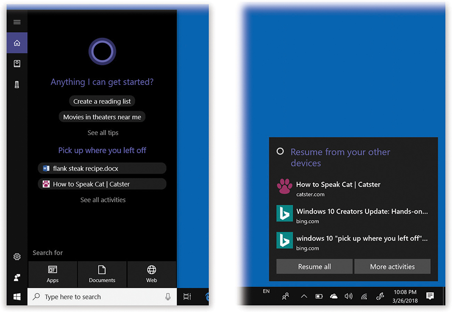 Windows offers to help you pick up where you left off (on other phones, tablets, or computers) in two places: the Cortana panel (left) and as a notification (right).