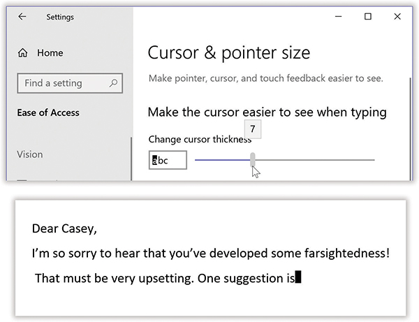 Top: Use the slider to adjust the thickness of your insertion-point cursor; as you slide, you get to see an example.