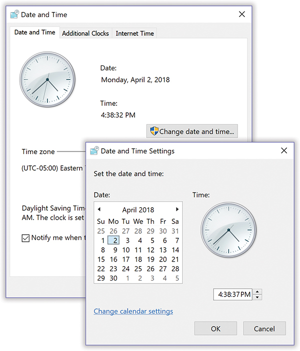 Top: The Date and Time tab has a lovely analog clock displaying the time. You can’t actually use it to set the time, but it looks nice. To make a change to the date or time of the computer, click “Change date and time.”