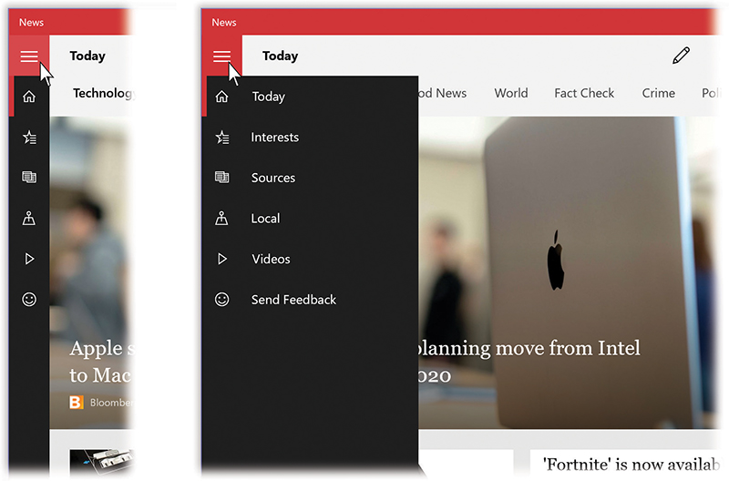 The new standard design for Microsoft’s built-in Windows apps (left) offers a black vertical menu column at the left side.