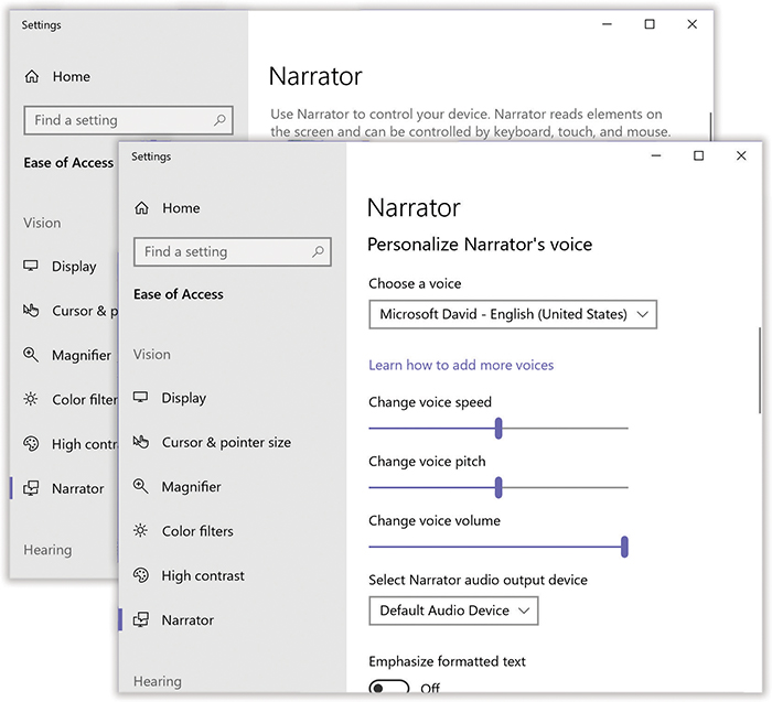Narrator’s entire visual presence is nothing more than this Settings dialog box—and a colored rectangular frame that moves around the screen as you touch it (or arrow-key it). Whatever the frame encloses, Narrator speaks. That way, you can figure out where you are on the screen even if you can’t see it.