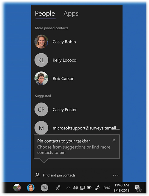 The first three pinned contacts (or whatever number you’ve chosen, up to 10) get icons on your taskbar. After that, they accumulate in the People panel itself. They’re all great for shooting out quick emails or placing quick Skype calls.