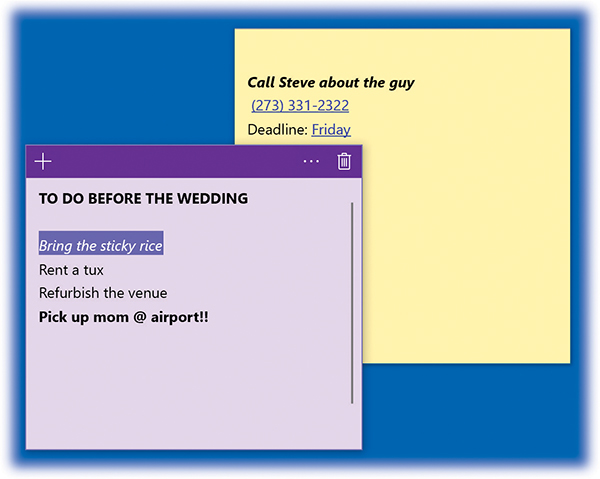 You can apply some limited formatting to your sticky notes, but only by using keyboard shortcuts, such as Ctrl+B for bold and Ctrl+U for underline.