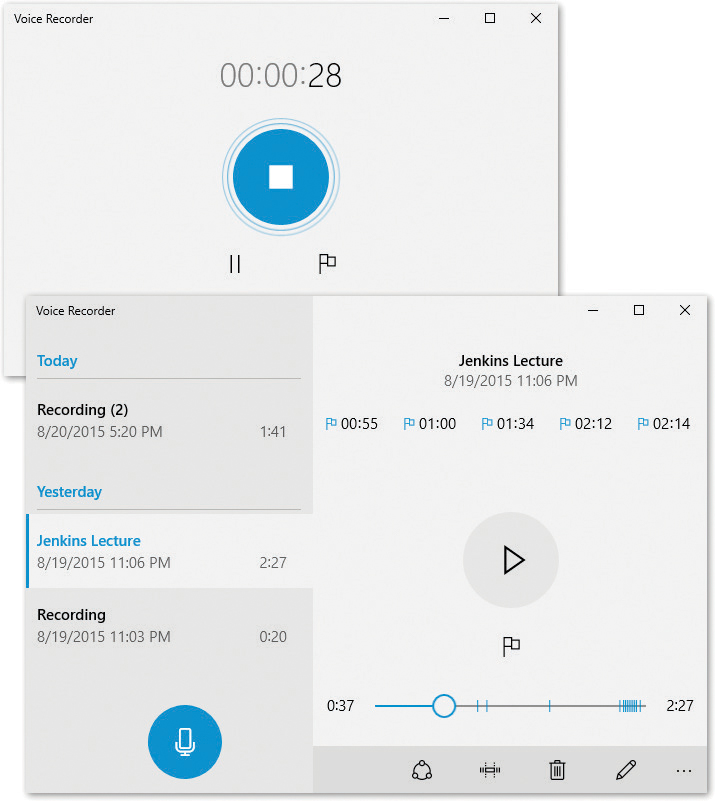 The first time you record, there isn’t much decoration in Voice Recorder (top). But as you make more recordings, they pile up in a list at left (bottom).