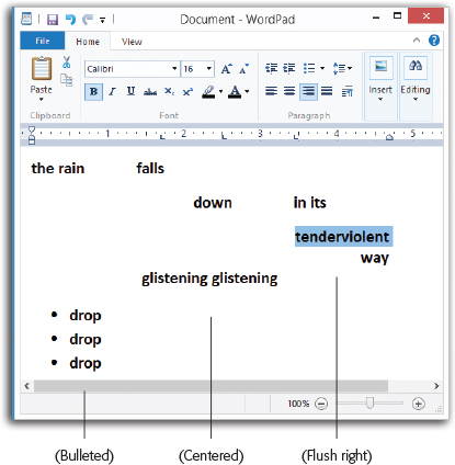WordPad’s formatting ribbon makes it a surprisingly close relative to Microsoft Word. These buttons make paragraphs flush left, centered, flush right, or bulleted as a list. You can drag through several paragraphs before clicking these buttons, or you can click them to affect just the paragraph where your insertion point already is. The little L’s on the ruler indicate tab stops that have been clicked into place; each press of the Tab key makes the insertion point jump to the next one.