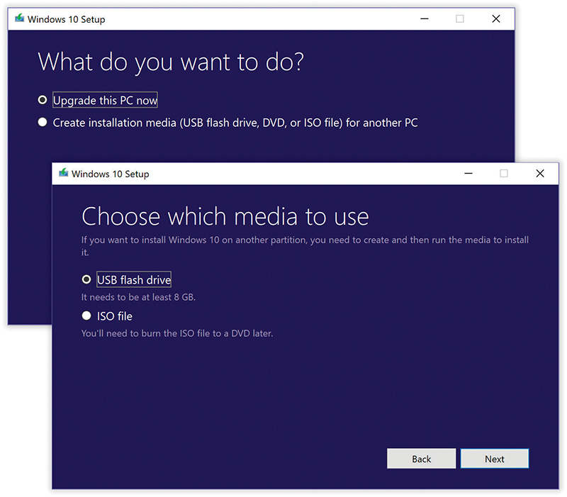 Top: Truth is, the handy Media Creation Tool isn’t just for creating a Windows flash-drive installer; you can also use it to upgrade your PC right now.