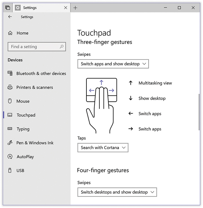 The Swipes drop-down menu offers canned sets of gestures for swiping multiple fingers up, down, left, or right. For example, if you choose “Switch apps and show desktop,” then (as the diagram indicates) swiping left or right with three fingers switches apps; three fingers upward opens the Timeline, and three fingers down reveals the desktop.