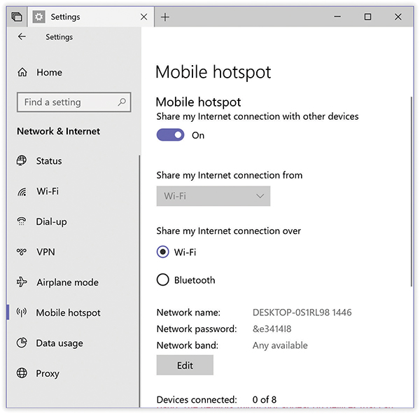 “Mobile Hotspot” means creating a Wi-Fi network from your Internet-connected computer for nearby Wi-Fi gadgets to enjoy. It doesn’t matter how the primary computer is getting its Internet connection, which can be super-handy.
