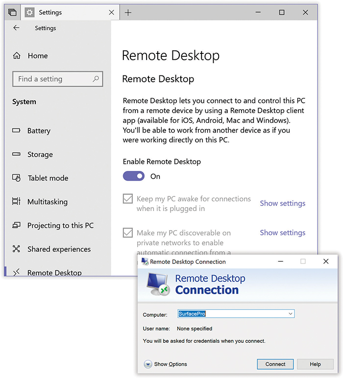 Top: Here’s the master switch for Remote Desktop. Your computer back at home is now ready for your Internet visits from afar!