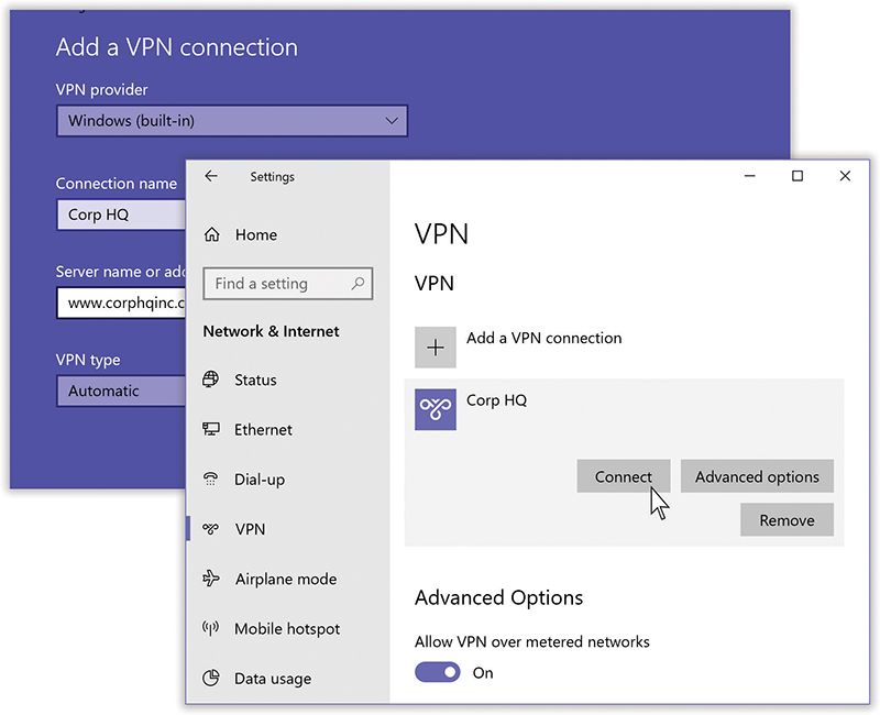 Top: Here’s where you set up your VPN connection, using the technical specs provided by the corporate IT person who takes care of you.