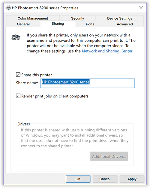Open “Devices and printers.” Right-click the printer you want to share, and then click “Printer properties.” Click the Sharing tab. (If you see a “Change sharing options” button, click it.)