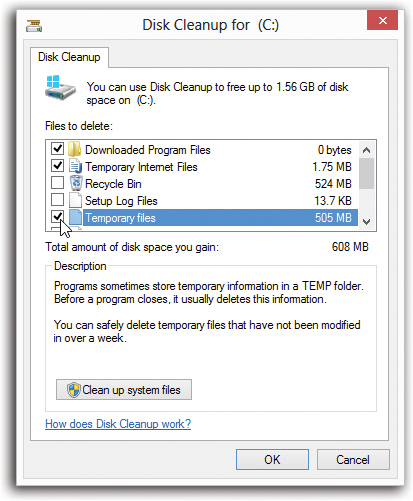 Disk Cleanup announces how much free space you stand to gain. After you’ve been using your PC for a while, it’s amazing how much crud you’ll find there—and how much space you can recover.