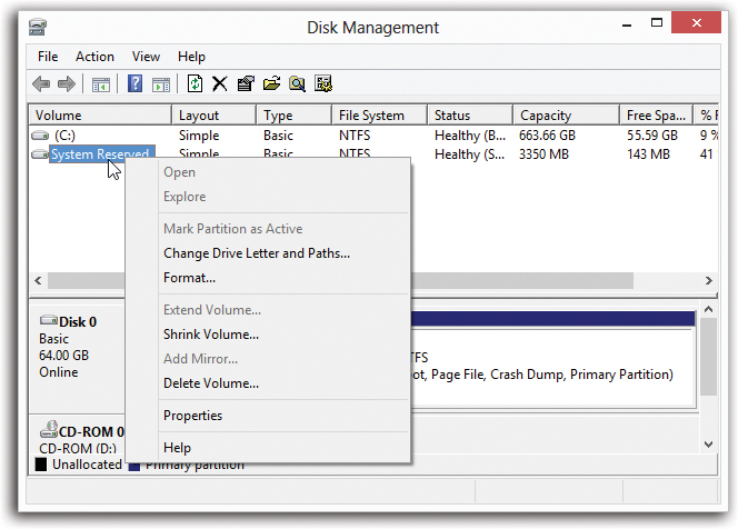 The Disk Management window does more than just display your drives; you can also operate on them by right-clicking. Don’t miss the View menu, by the way, which lets you change either the top or the bottom display. For example, you can make your PC display all your disks instead of your volumes.