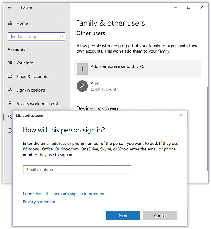 Top: You’re about to create an account for a non–family member (or a family member who doesn’t want a Microsoft account).