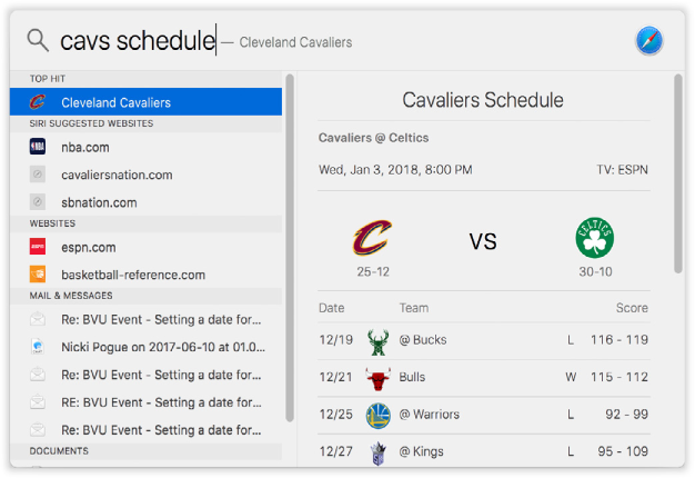 You can search for team scores or schedules (sf giants schedule), team lineups (knicks roster), league standings (marlins standings), or player stats (lebron james). You can double-click within the preview pane to open a web page with further details.