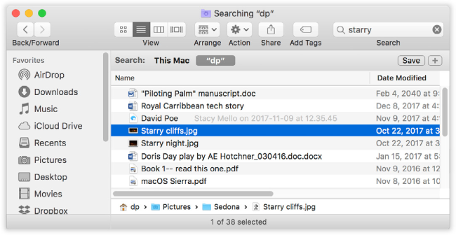 Click a result to see where it sits (shown at bottom). If the window is too narrow to reveal the full folder path, then run your cursor over the folders without clicking. As your mouse moves, the Mac reveals each folder’s name. (You can drag icons into these folders, too.)