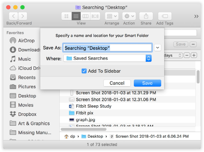 MacOS can preserve your search as a smart folder listed in the Sidebar (left)—at least, it does as long as Add To Sidebar is turned on. You can stash a smart folder in your Dock, too, although it doesn’t display a stack of its contents, as normal folders do.