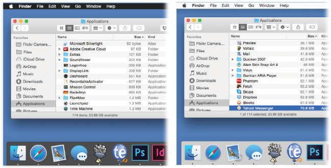 “Use dark menu bar and Dock” (left) offers a cool, soothing contrast to the standard color scheme (right).