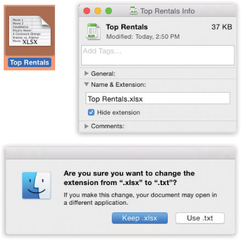 Top: In the Info window, open the Name & Extension pane. Now you can see what macOS really thinks your file is called. Turn on “Hide extension” if you’d rather not see the file name suffix in the Finder.