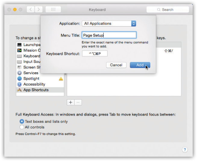 If you choose All Applications from the top pop-up menu, you can change the keyboard combo for a certain command wherever it appears. You could, for example, change the keystroke for Page Setup in every program at once. (Beware the tiny yellow triangles; they let you know if a chosen keystroke conflicts with another macOS keystroke.)