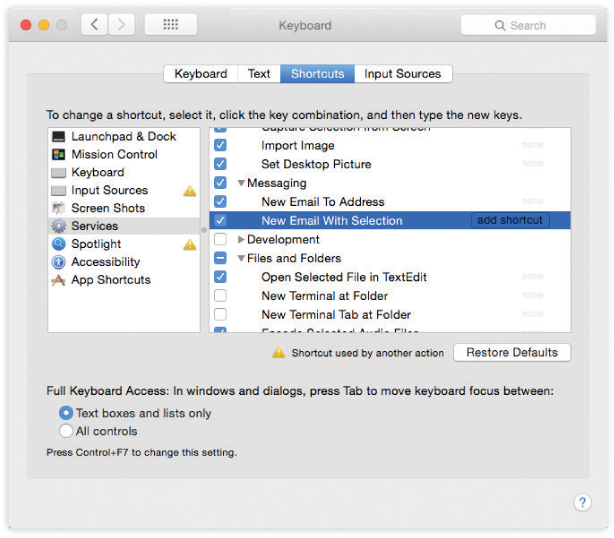 The keyboard-shortcut center lets you redefine the keystrokes that trigger many basic macOS features, menu commands in your programs, and software you’ve built yourself using Automator.